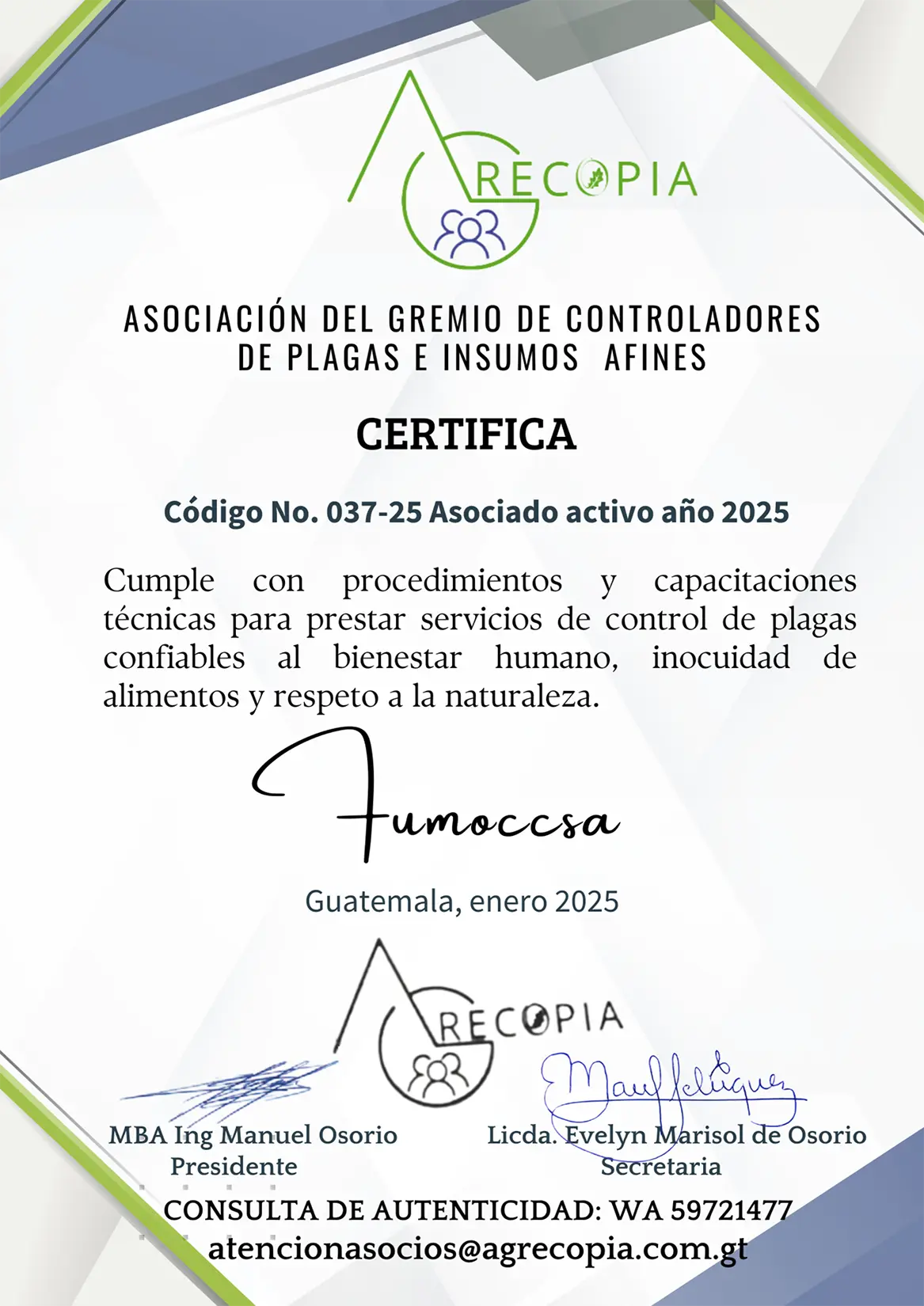 Constancia AGRECOPIA 2025 - FUMOCCSA